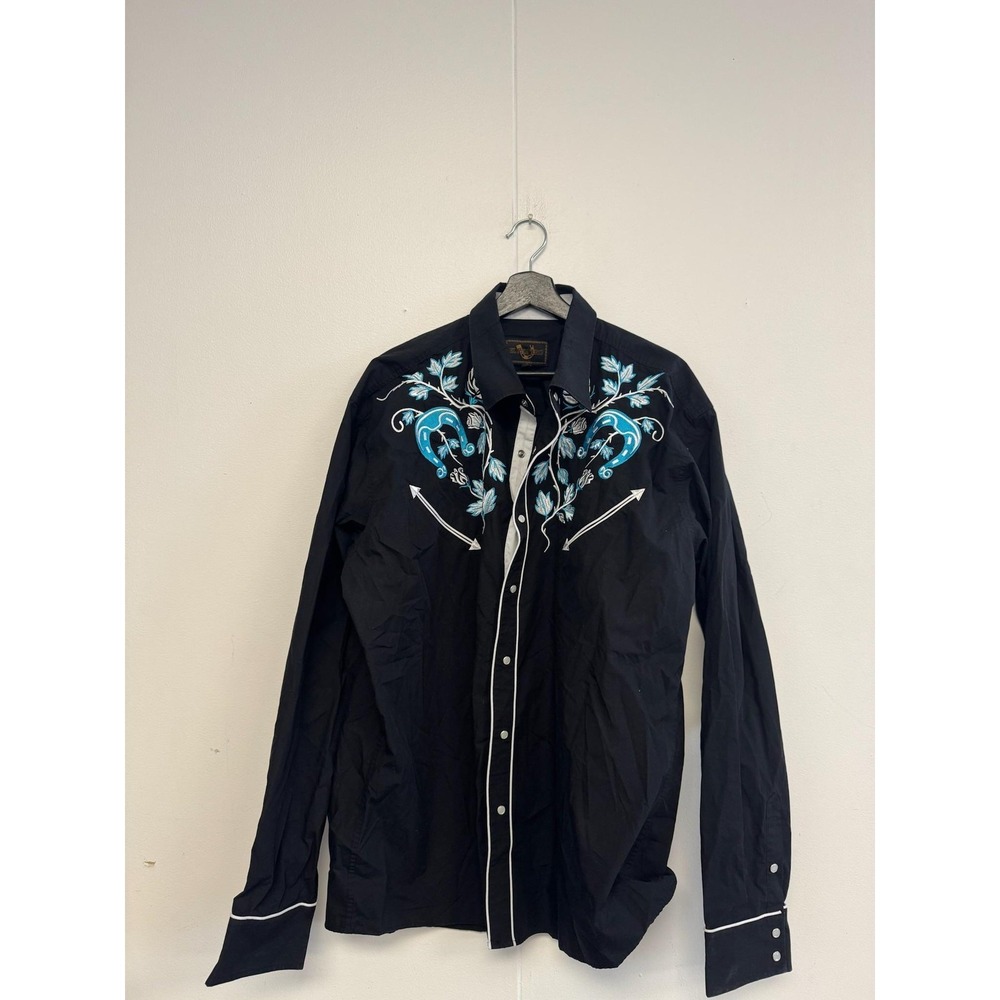 El‎ Pionero Shirt Mens 2XL Black Western Pearl Snap Embroidered Roses Floral